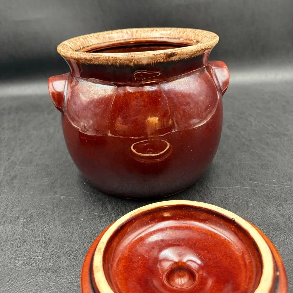 Vintage Hull Pottery Mirror Brown Drip Glaze Bean Pot with Lid Oven Proof USA